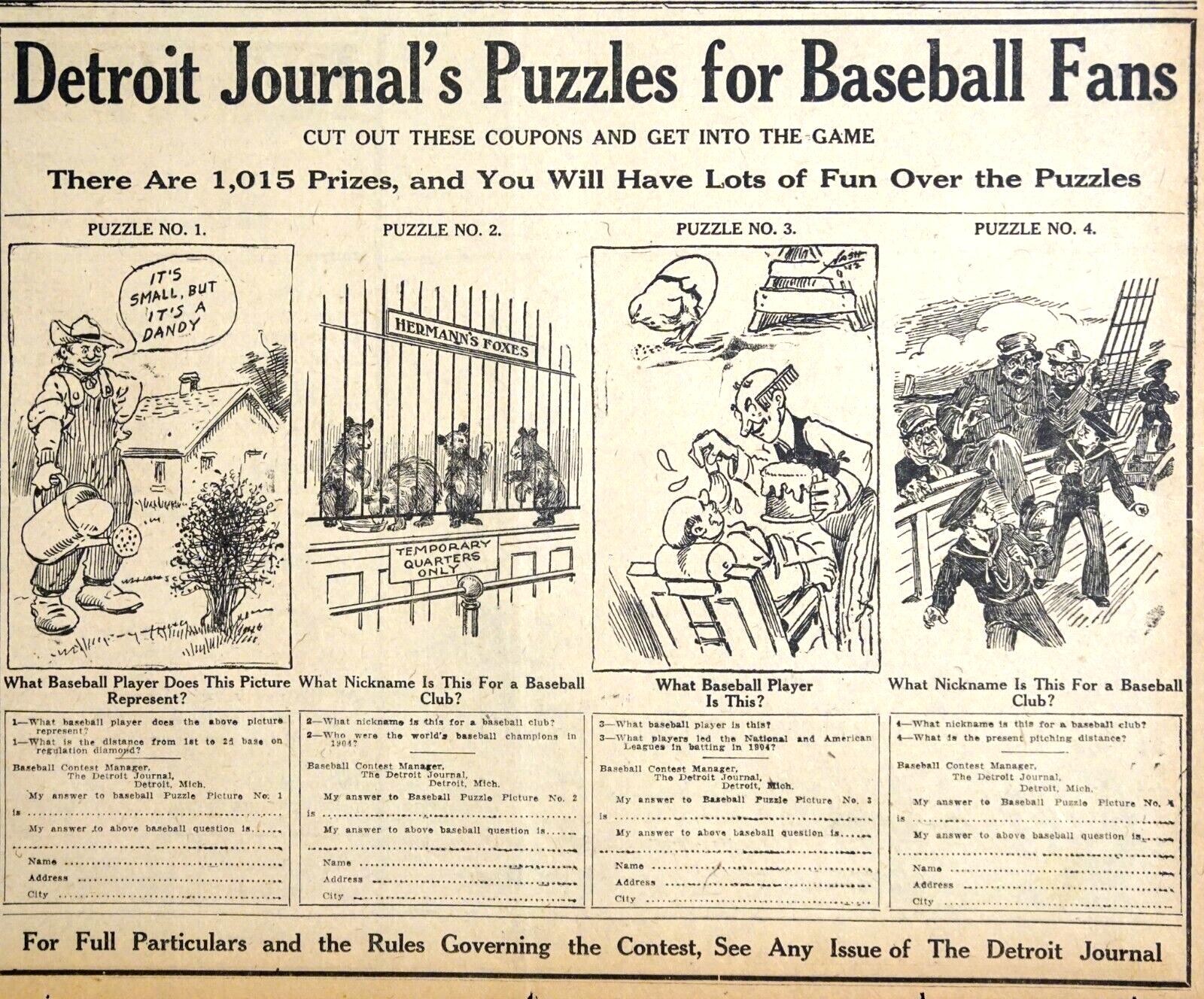 1912 Detroit Newspaper Page Detroit Journal Puzzles For Baseball 