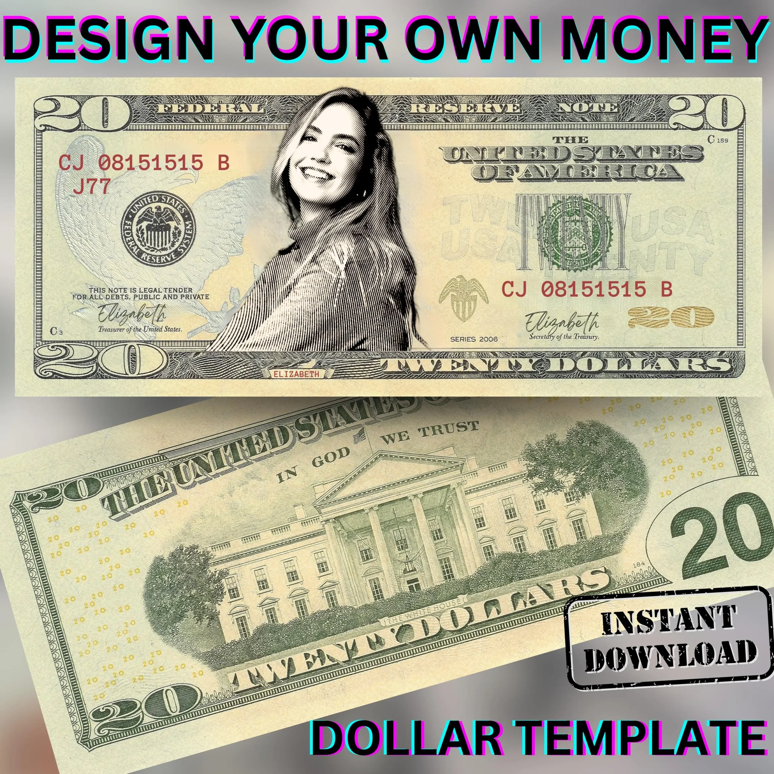 20 Dollar Bill Template Fake Money With Face Play Money Money 