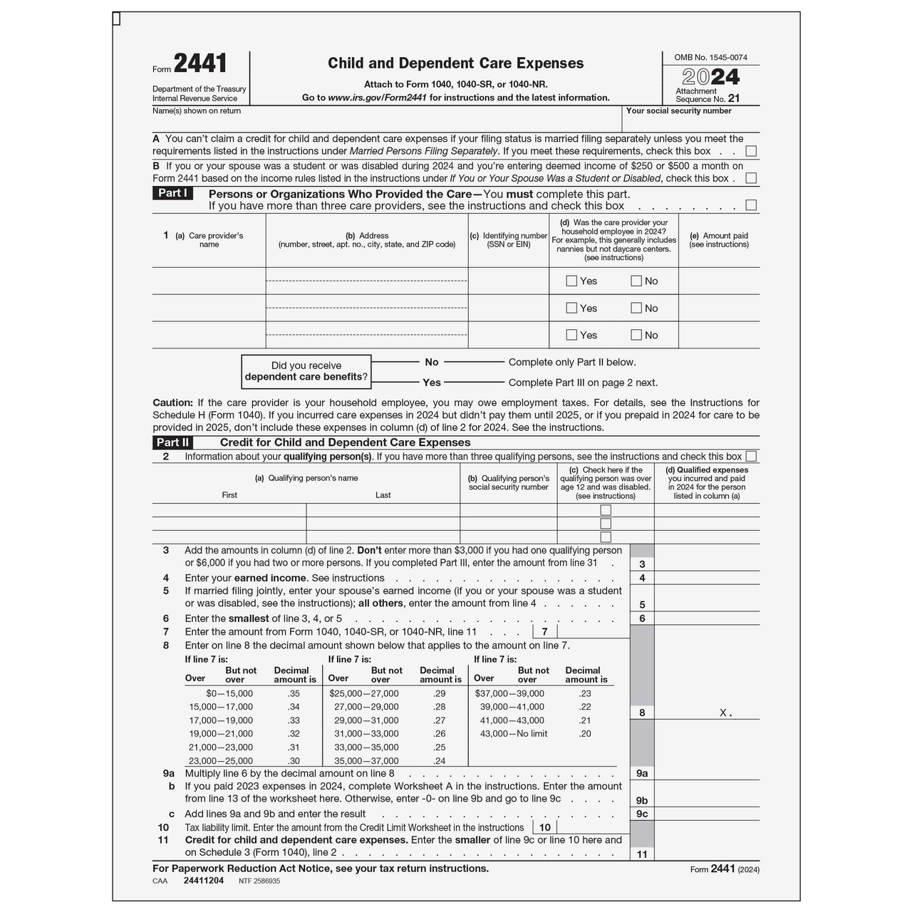 24411204 Form 2441 Child And Dependent Care Expenses Page 1 amp 2 