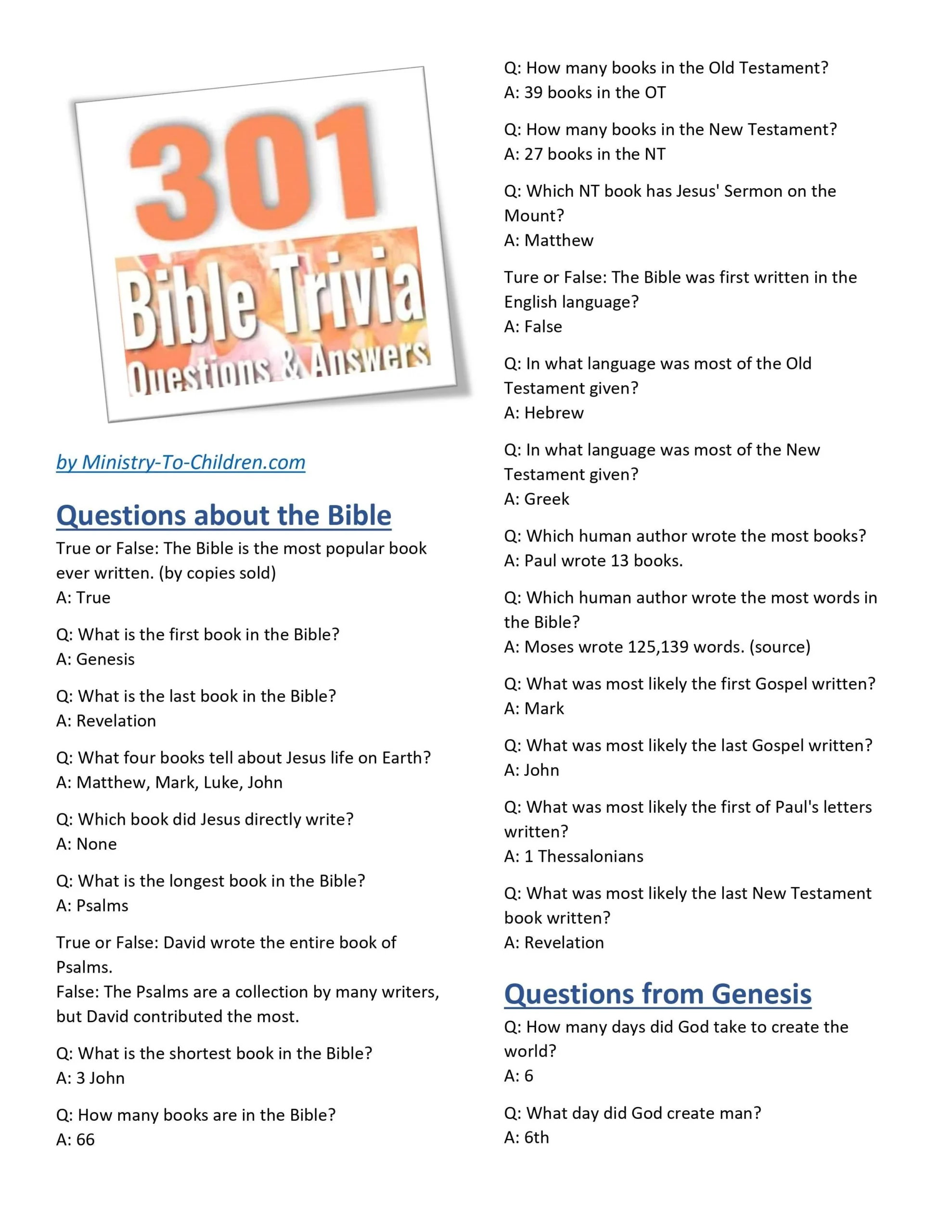 301 Bible Trivia Questions amp Answers free Download Sunday 