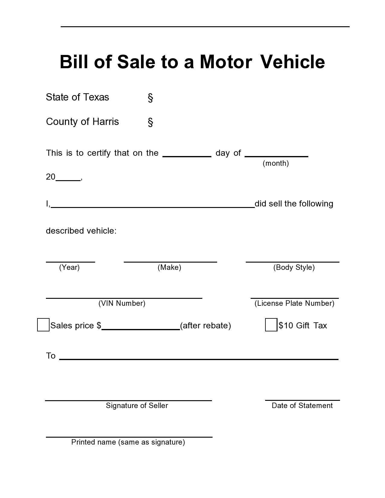 Printable Vehicle Bill Of Sale Template
