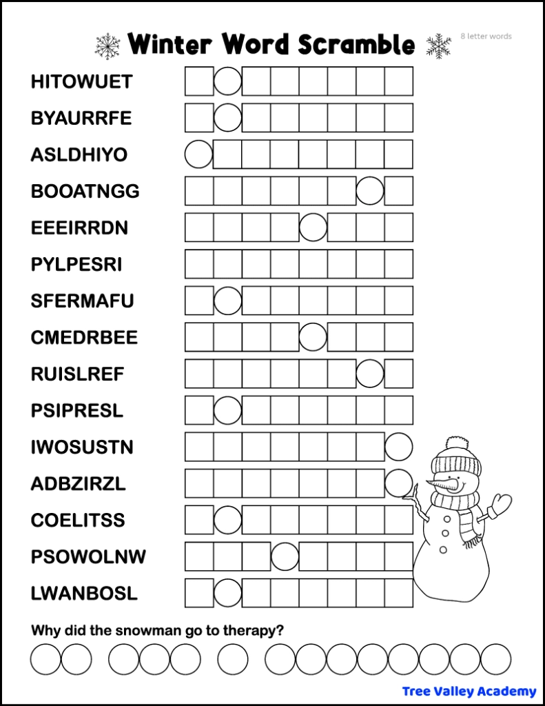 5 Printable Winter Word Scrambles Tree Valley Academy