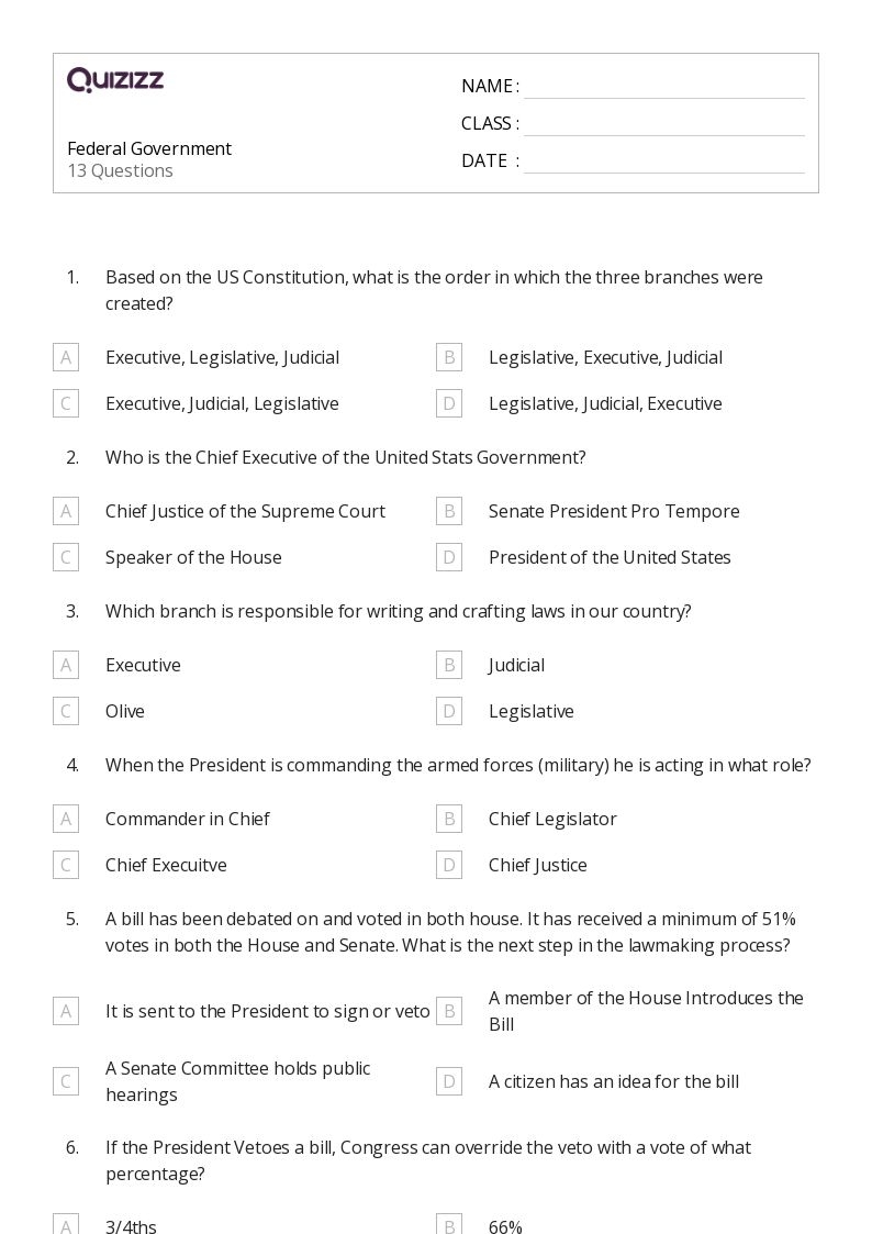 50 Federal Government Worksheets For 8th Year On Quizizz Free 