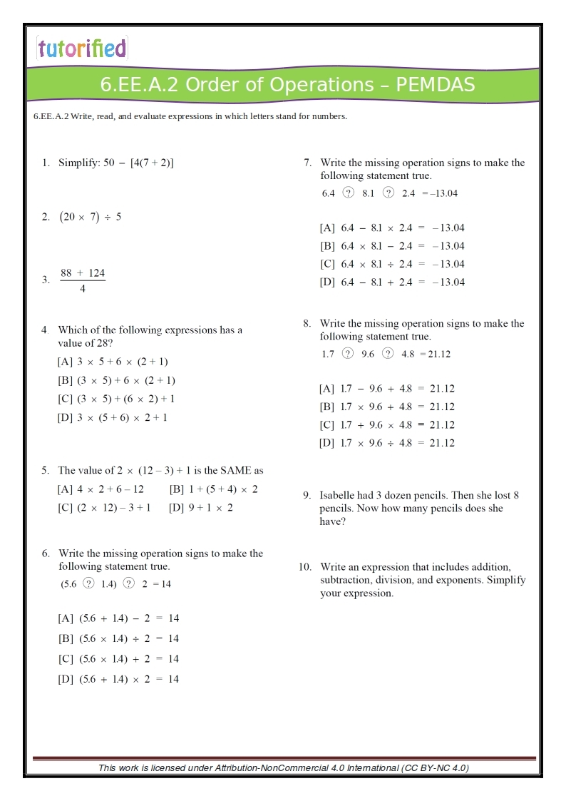 Printable Math Worksheets For 6th Grade