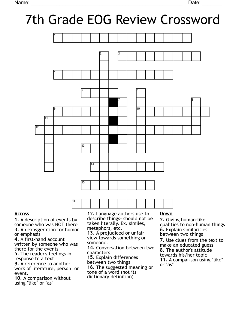 7th Grade EOG Review Crossword WordMint
