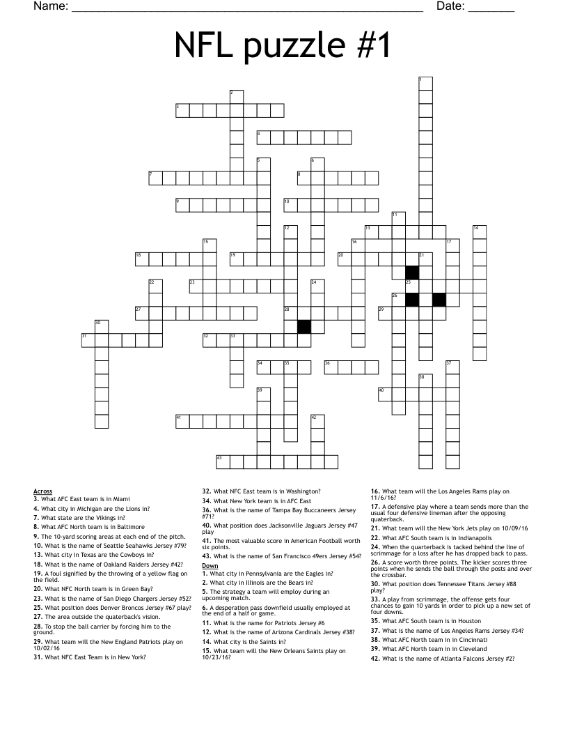 Football Crossword Puzzles Printable