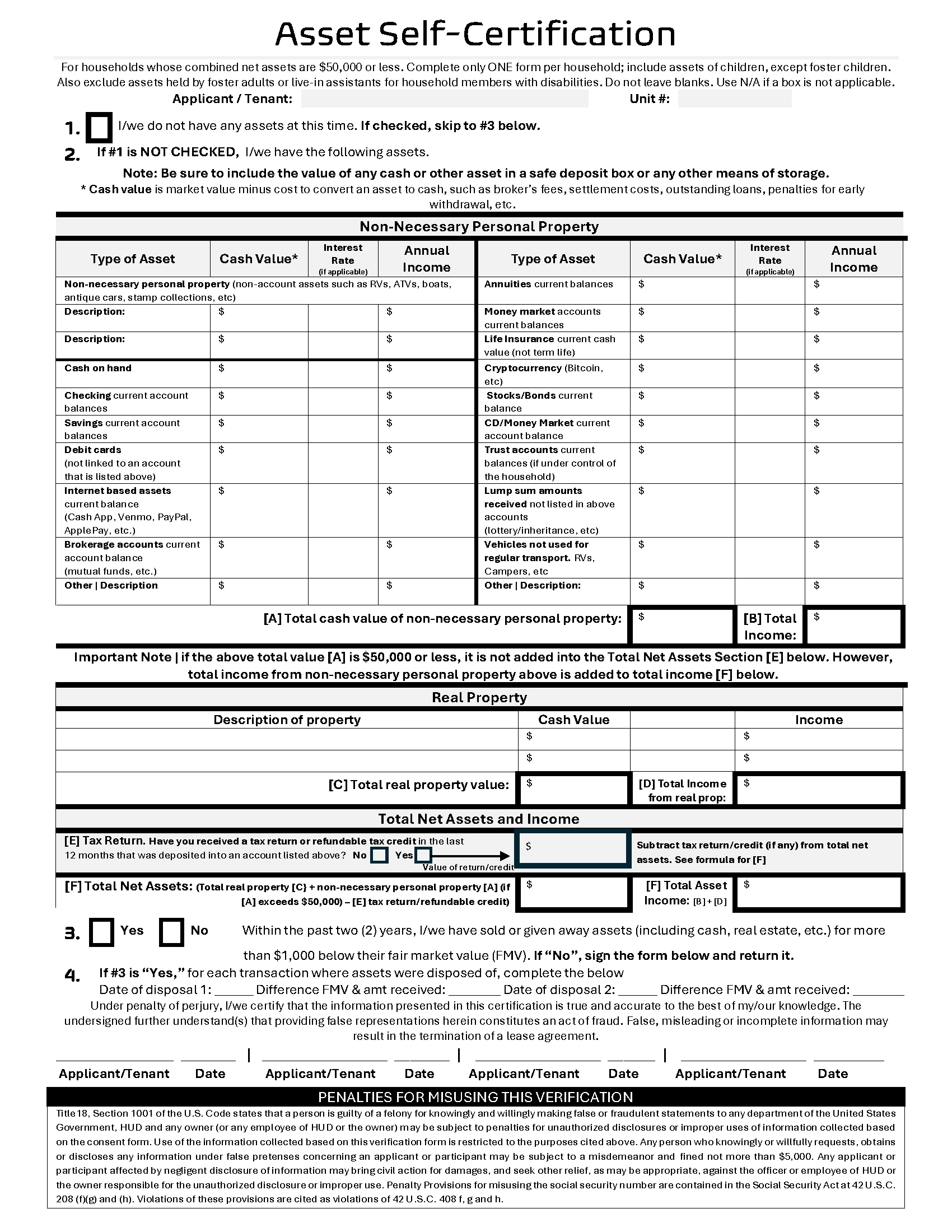 Article HOTMA Asset Self Certification Form Revised