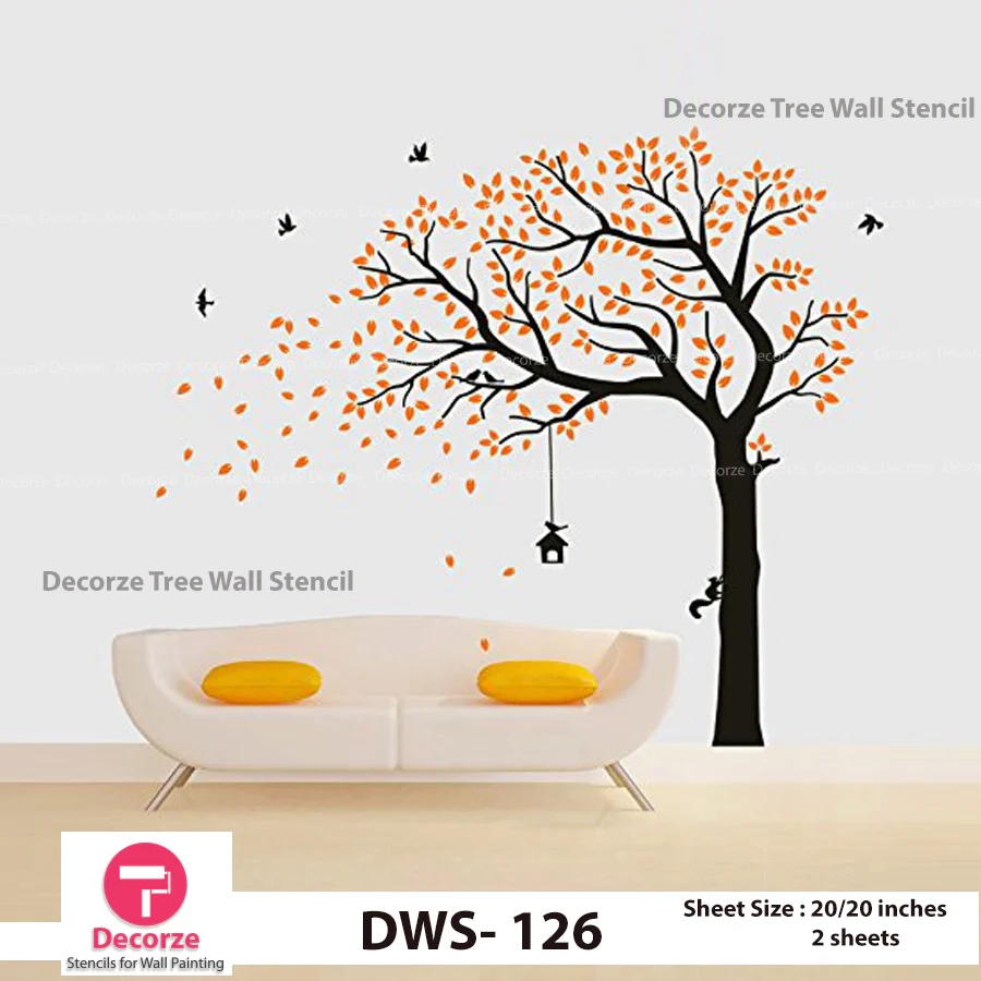 Autumn Tree Falling Leaves And Flying Birds Wall Stencil Wall 