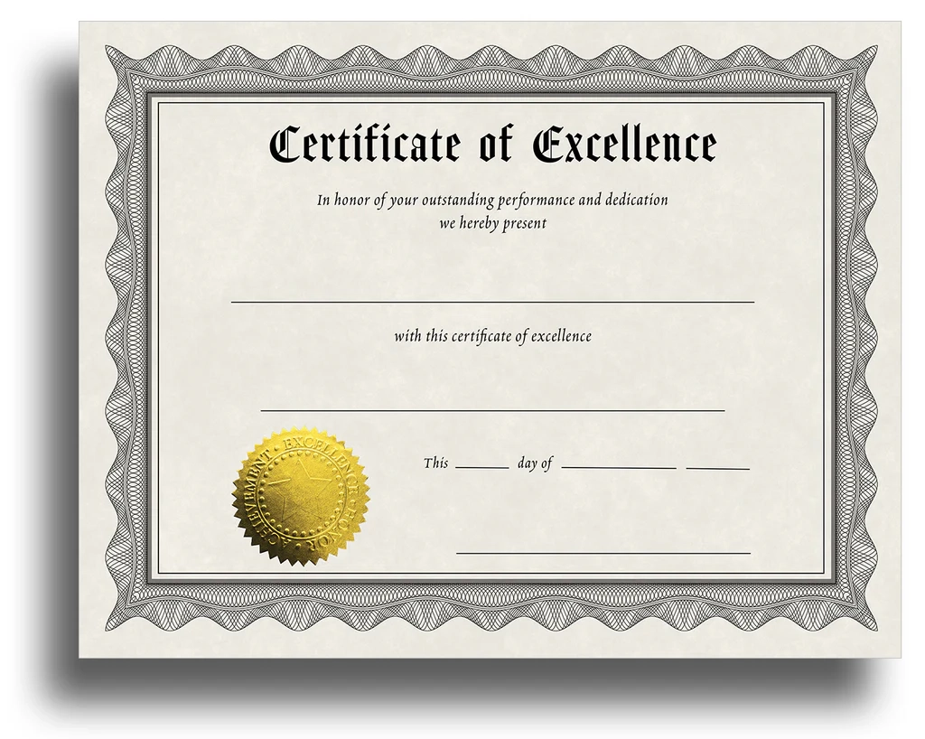 Award Certificates With Gold Foil Seal Excellence 