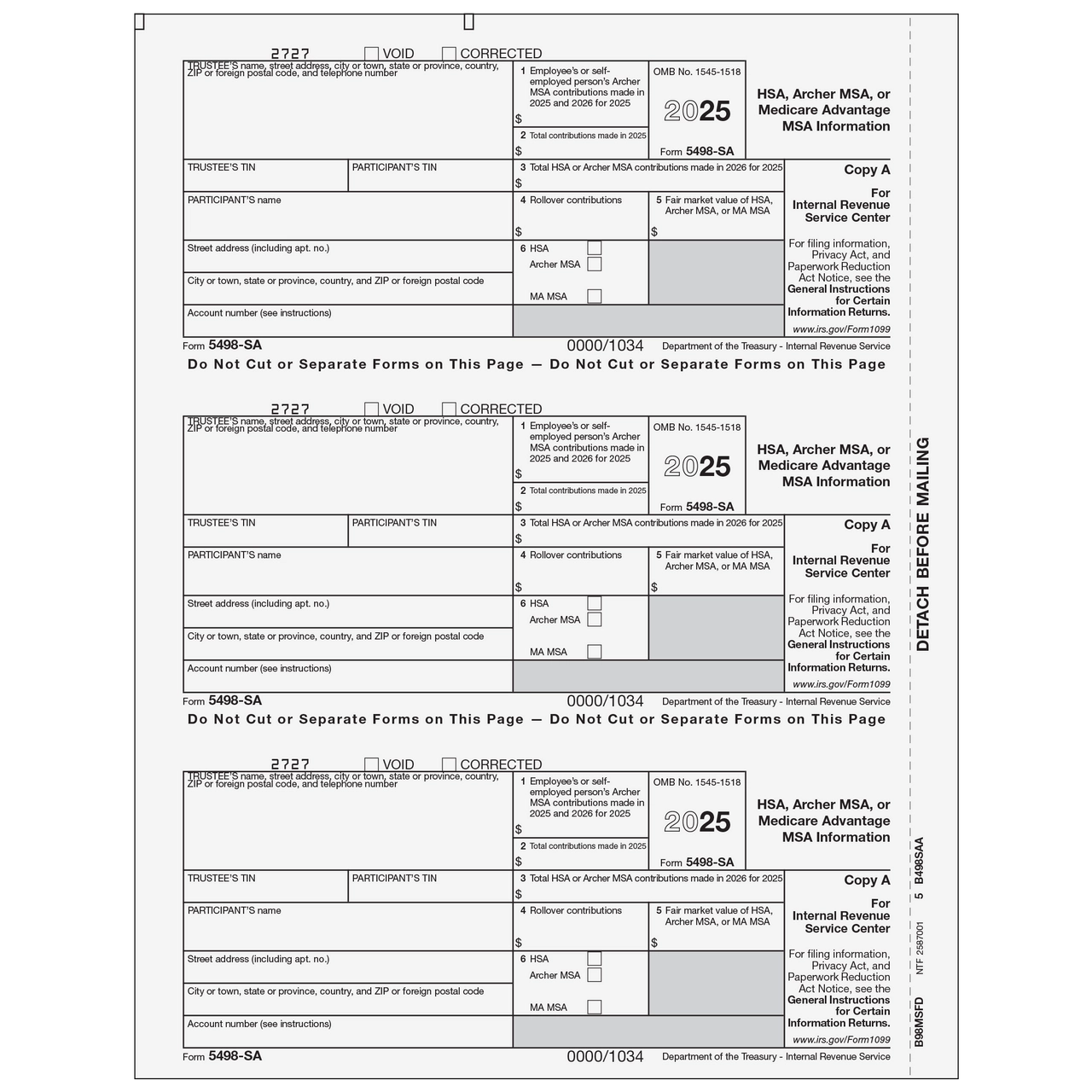 B98MSFD05 Form 5498 SA HSA Archer MSA Or Medicare Advantage MSA Information Copy A Federal