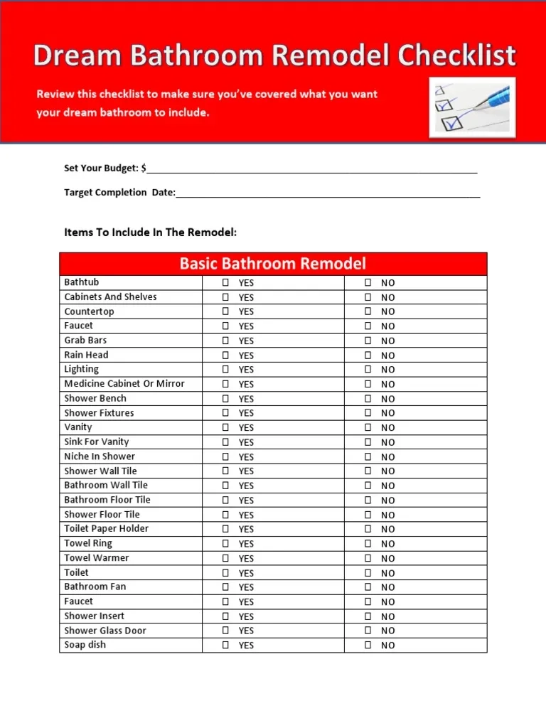 Bathroom Remodel Checklist PDF Bathroom Shower