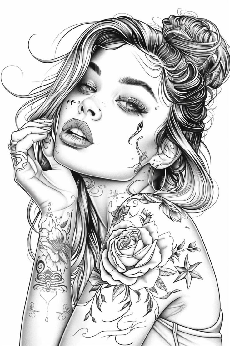 Beautiful Woman With Tattoo Coloring Page Artistic Elegance Free 