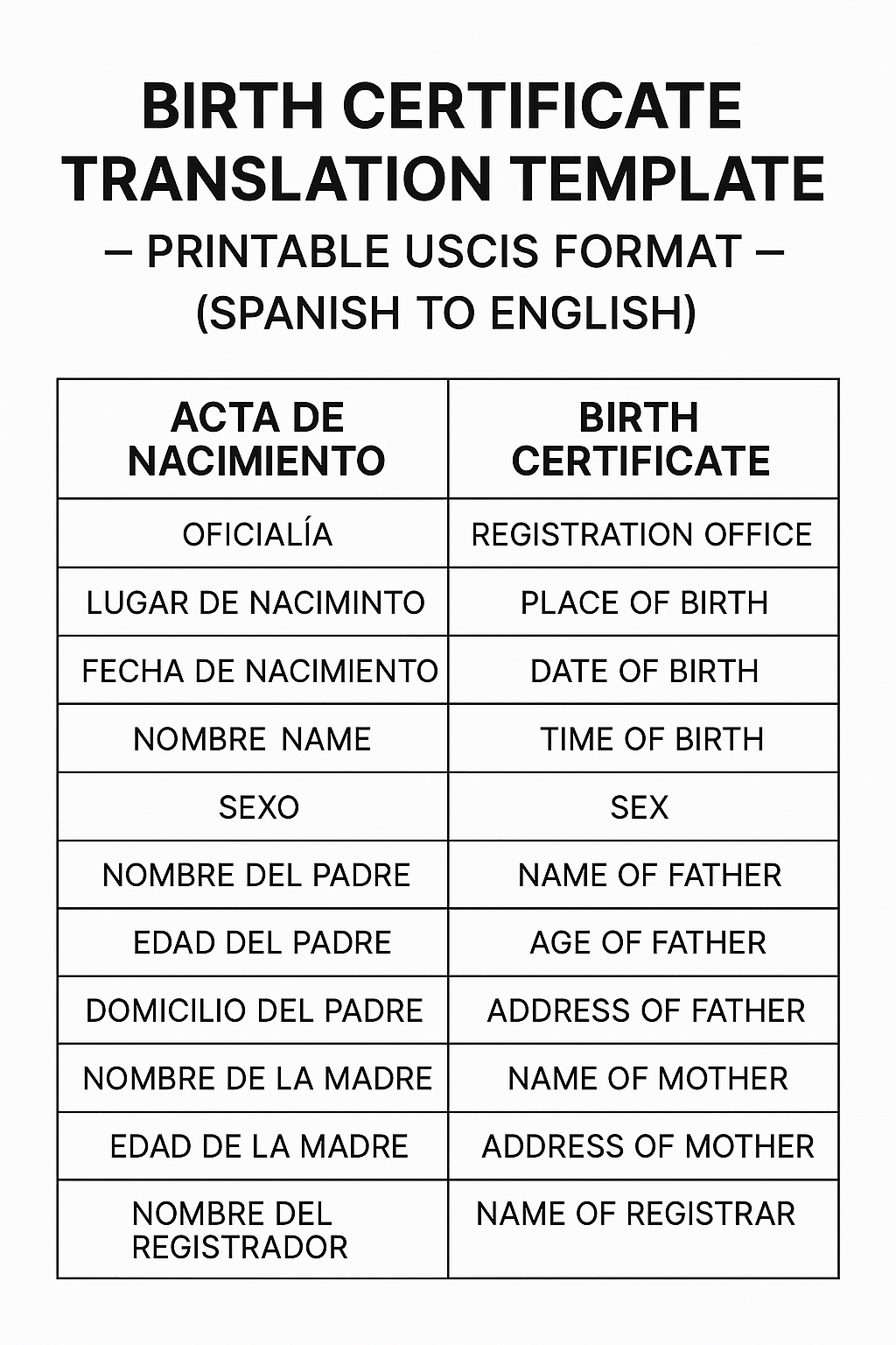 Birth Certificate Translation Template Free Printable