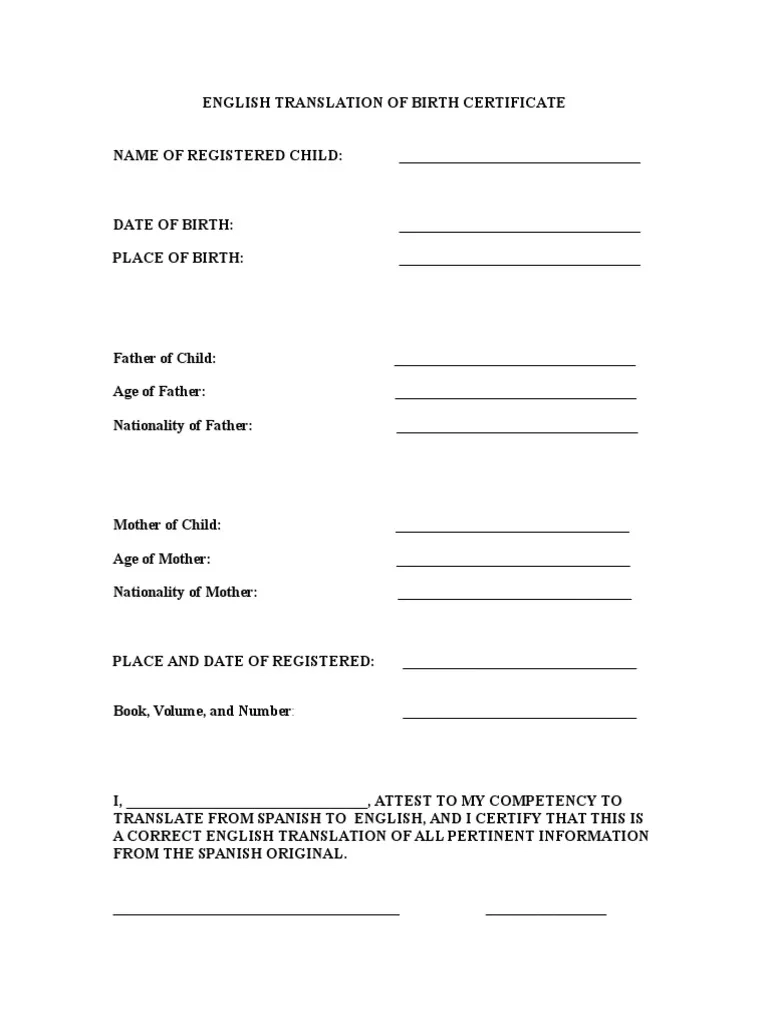 Birth Certificate Translation Template PDF Birth Certificate 