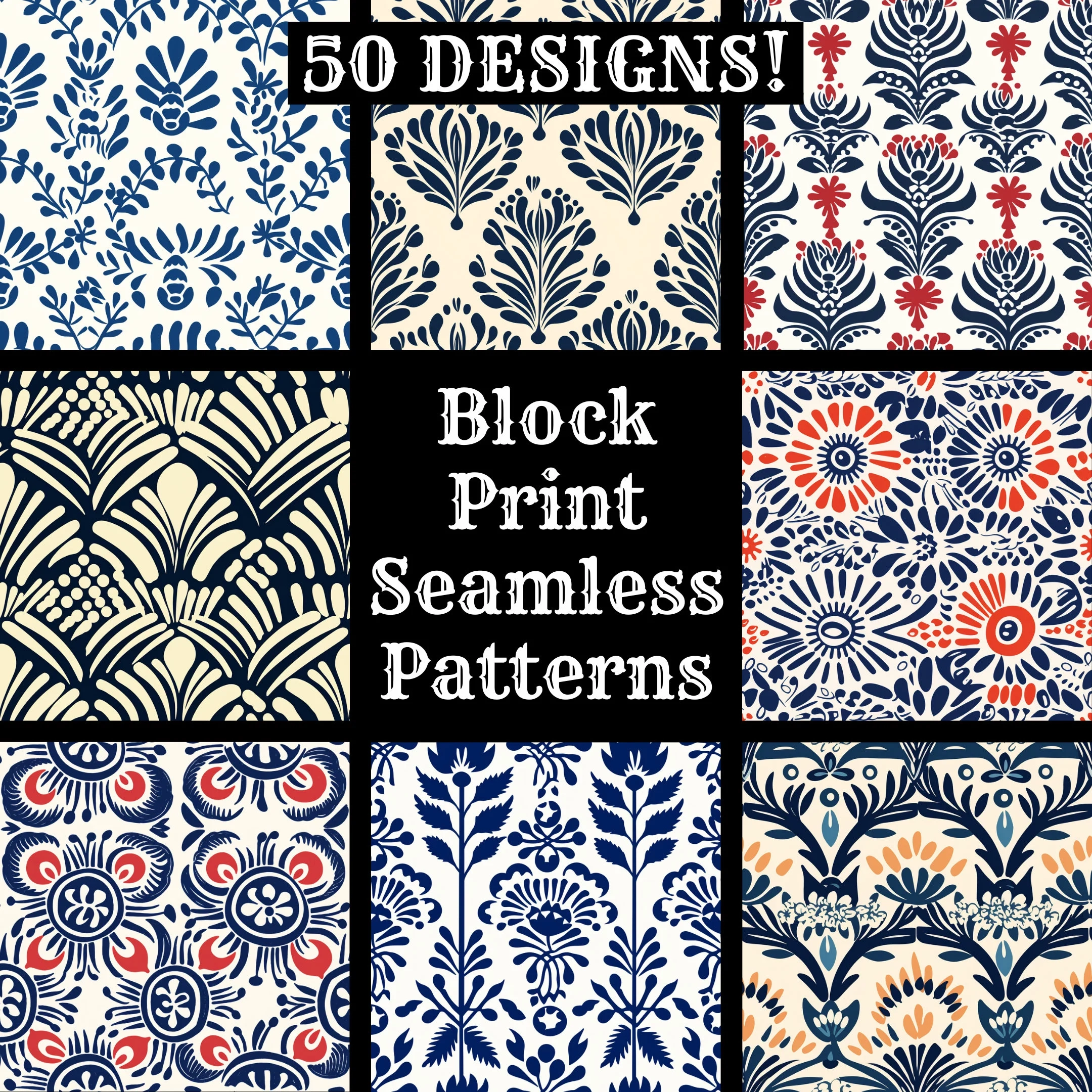 Block Print Seamless Pattern 50 Digital Papers PNG 1024x1024 Px 