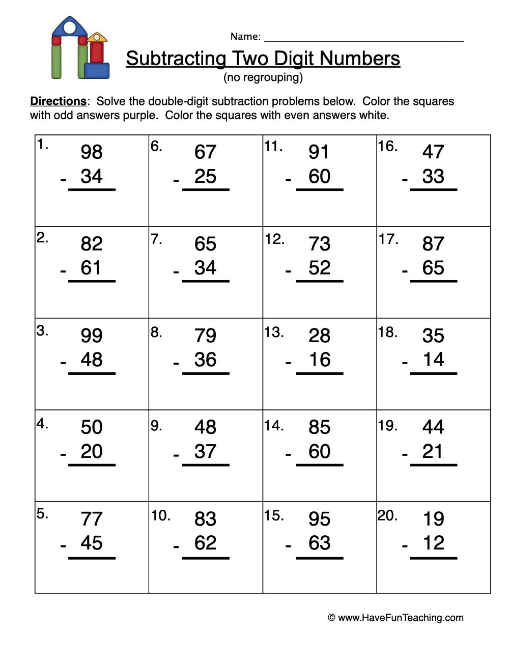 Blocks Double Digit Subtraction Without Regrouping Worksheet 