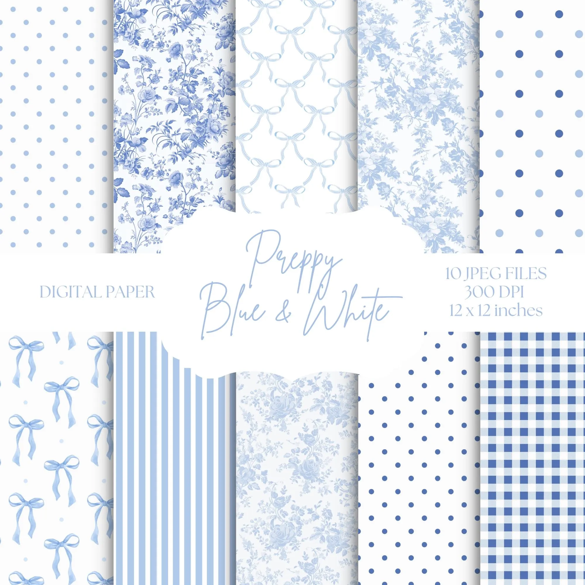 Blue Toile Digital Paper Coquette Bow Patterns Preppy 