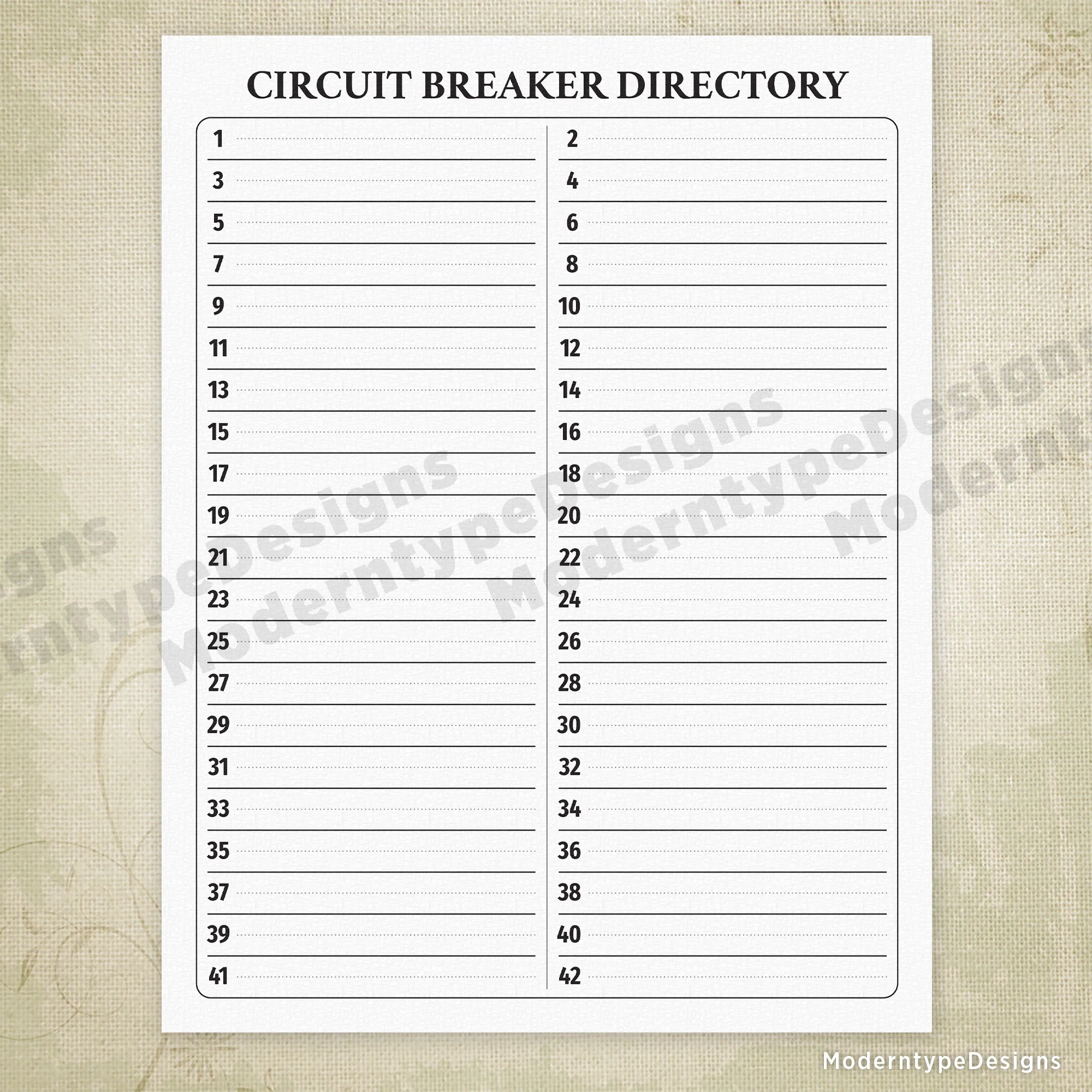Printable Free Circuit Breaker Directory Template