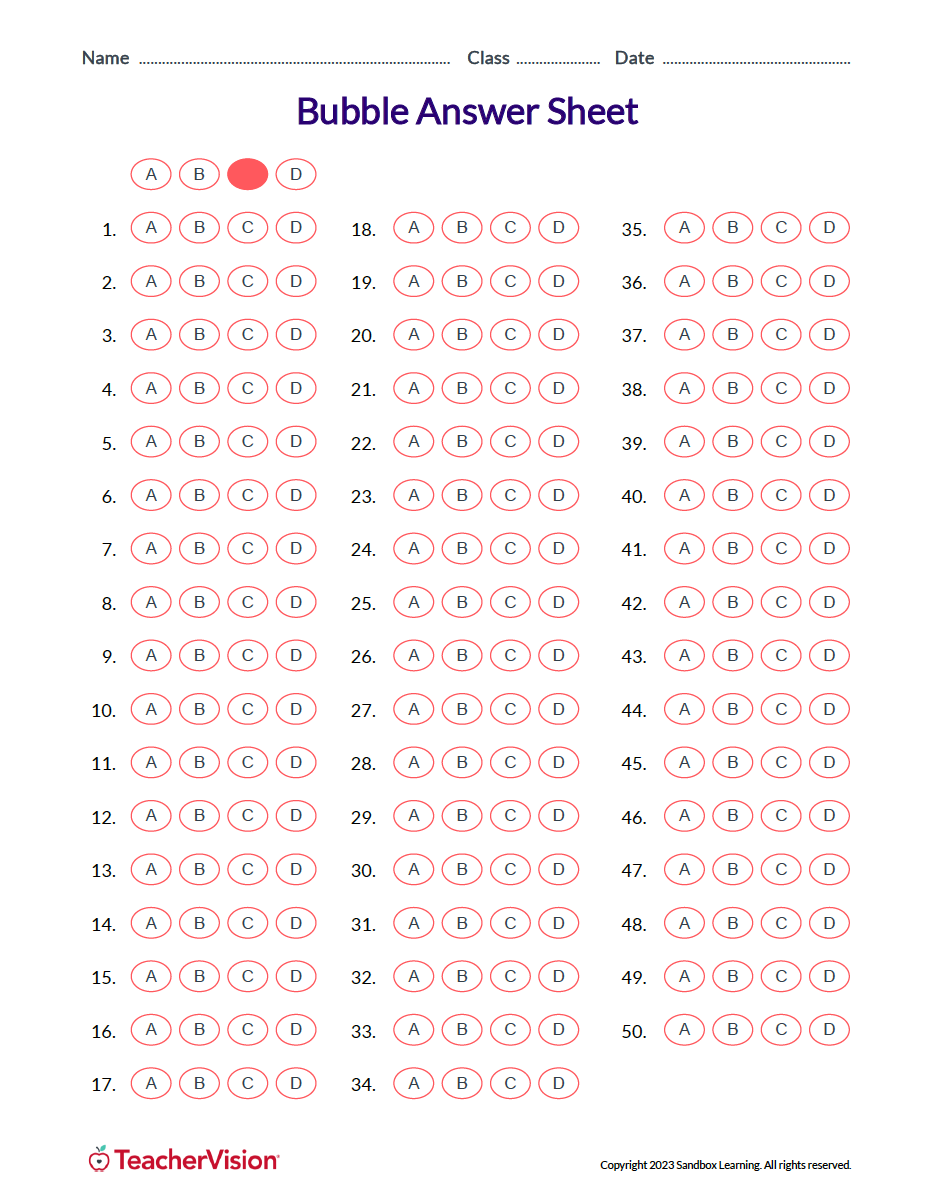 Bubble Answer Sheet For Tests TeacherVision