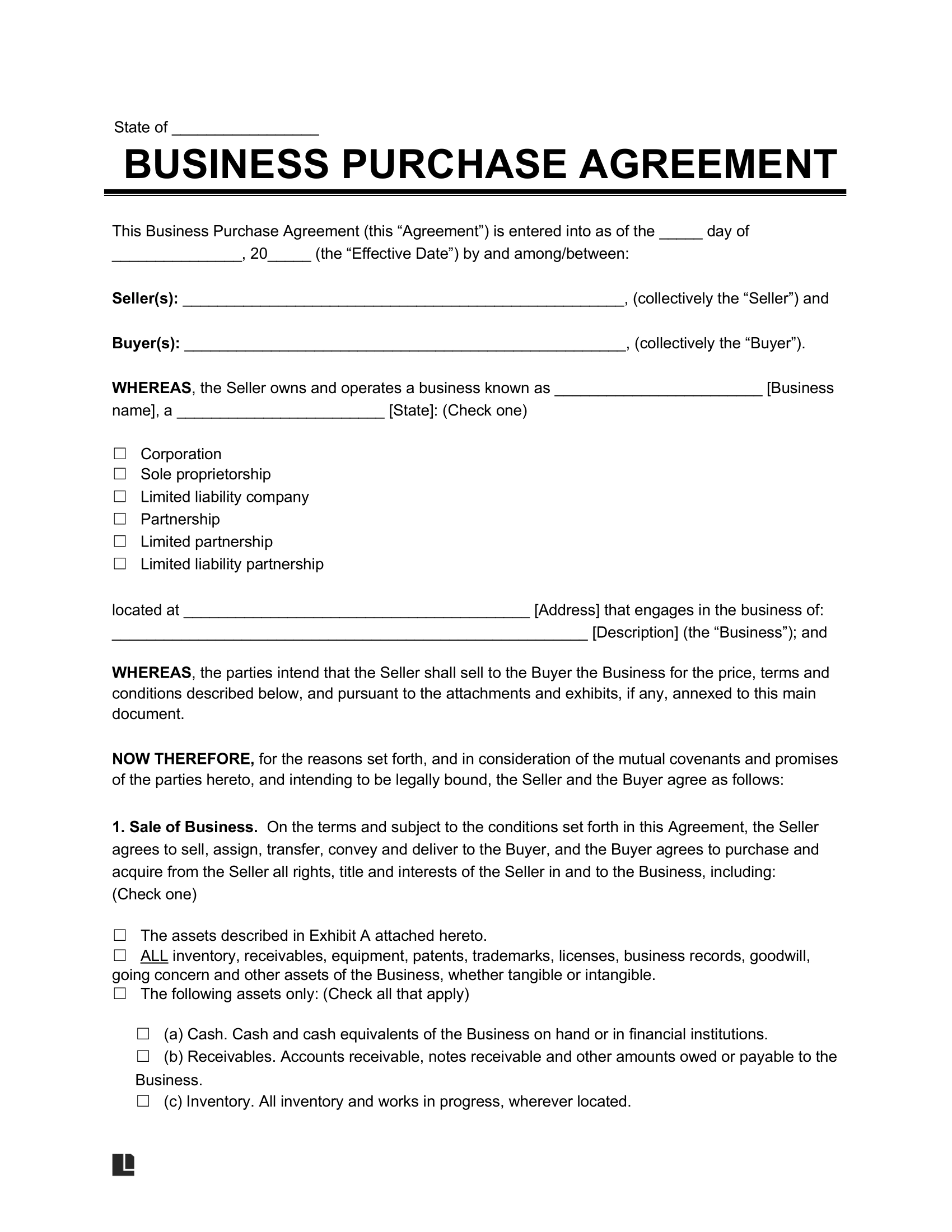 Business Purchase Agreement Template Fill Out Online amp Print