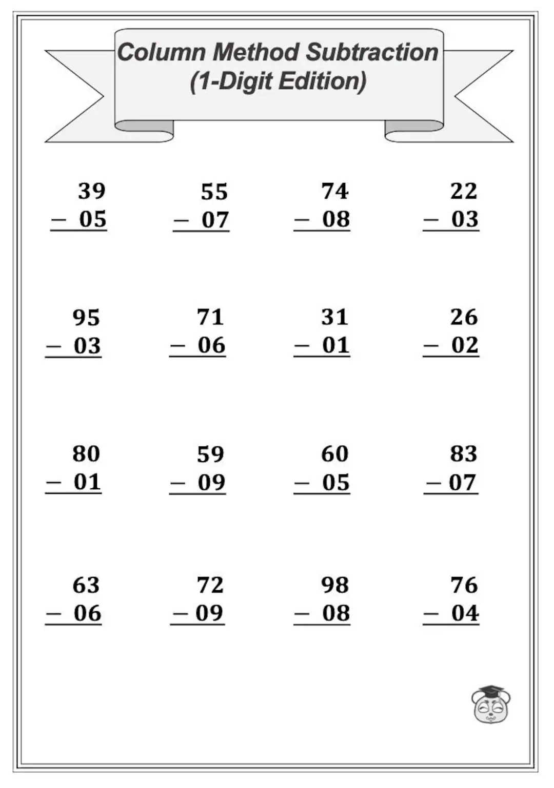Buy 4 Printable 1 4 Digit Column Method Subtraction Math Worksheet Subtraction Practice Using Column Method ages 4 8 KG1 To Grade 2 Online 