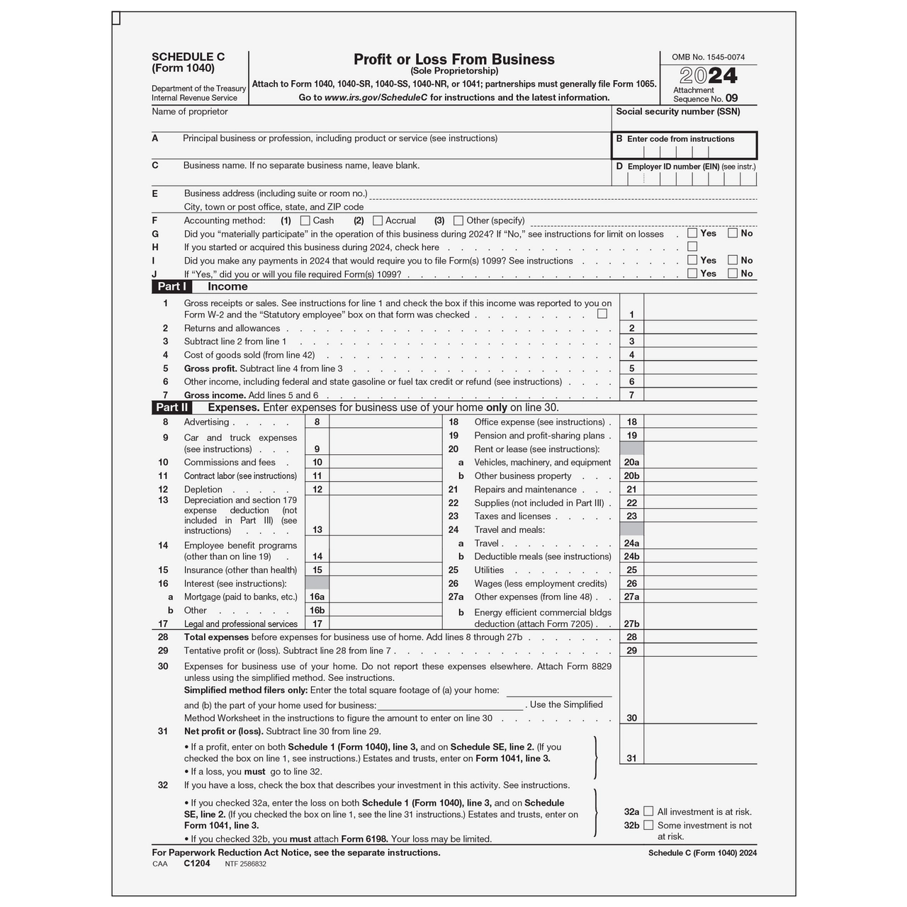 C1204 Form 1040 Schedule C Profit Or Loss From Business Page 