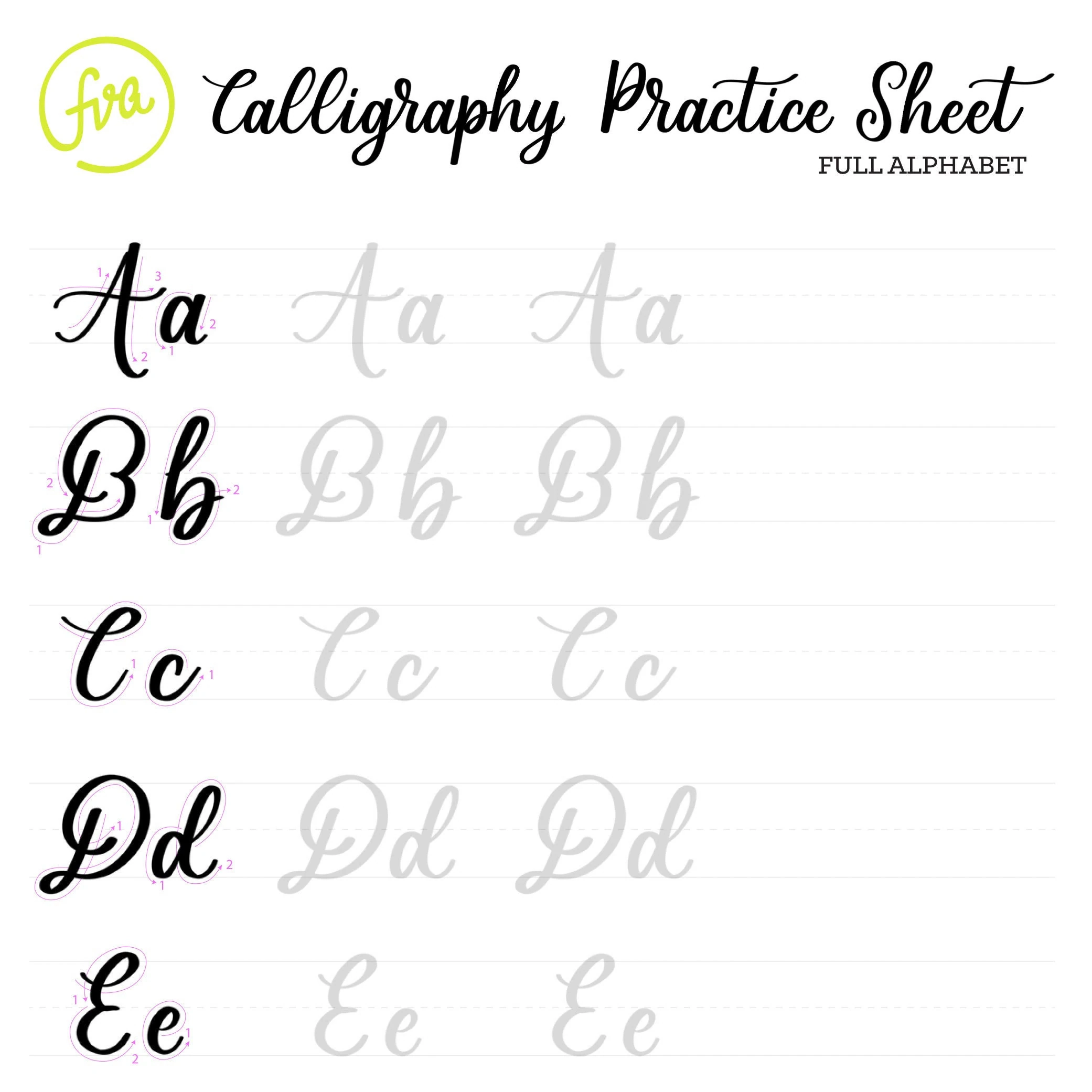 Calligraphy Practice Sheets Full Alphabet Lettering Digital 