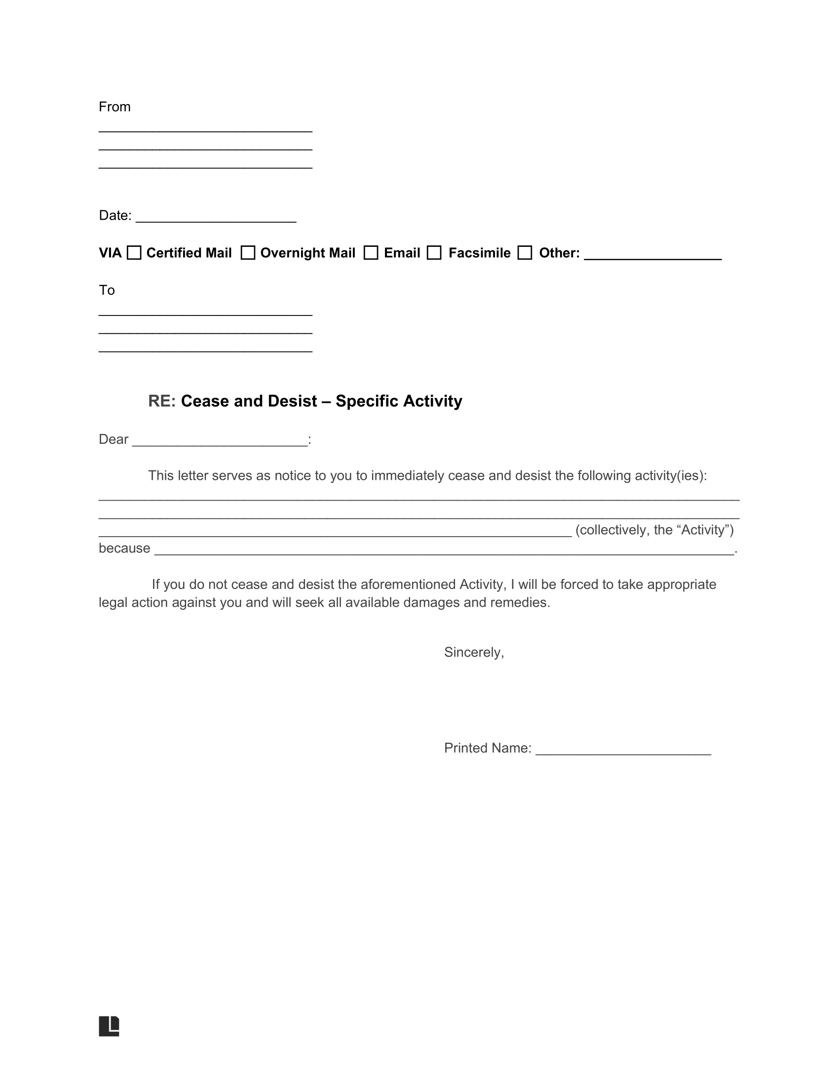 Free Printable Cease And Desist Letter Template