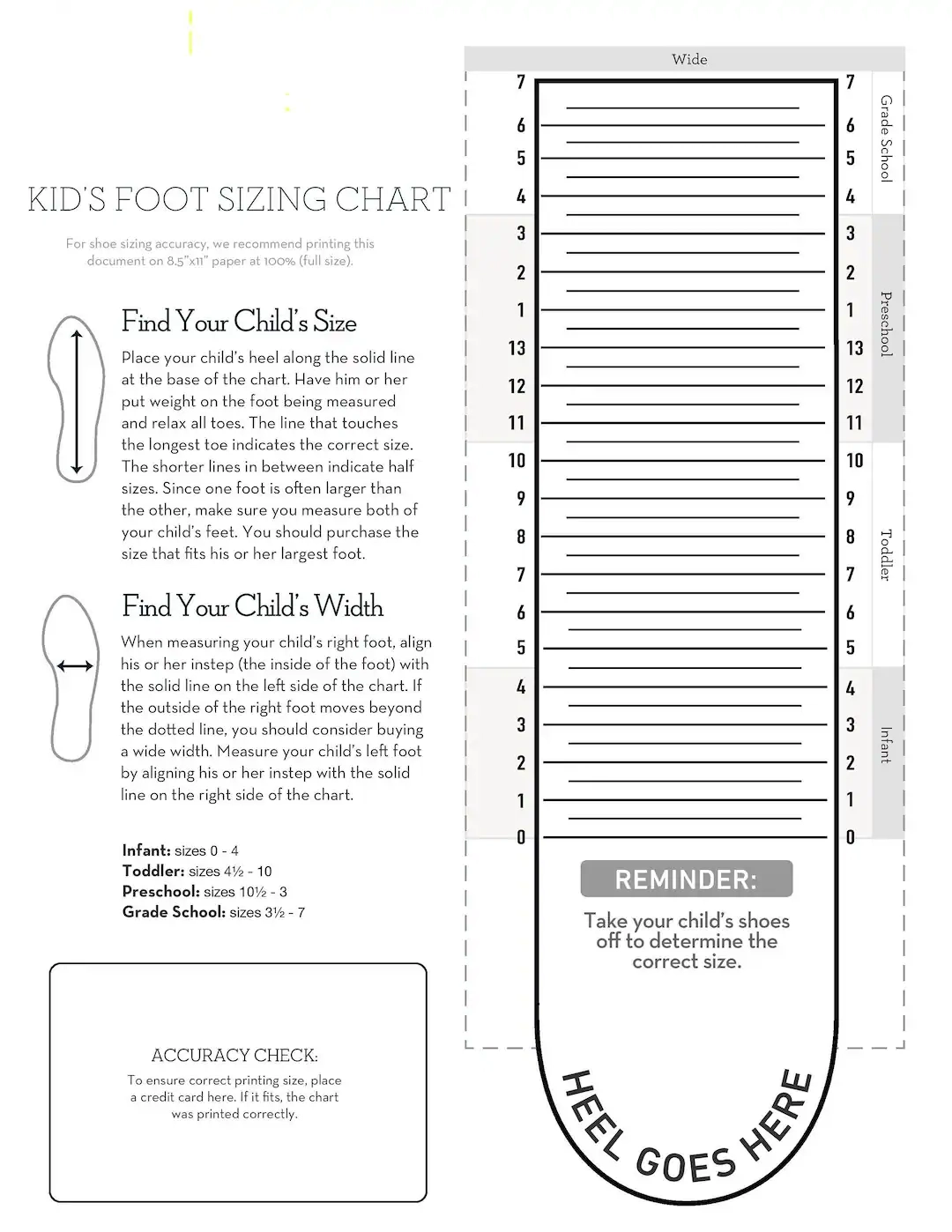 Chart Template Printable Baby Shoe Size Chart Kids Foot Sizer 