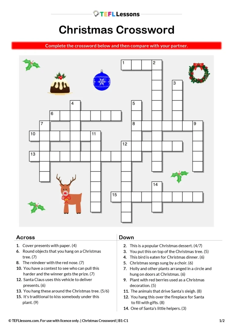 Christmas Vocabulary Crossword ESL Christmas Crossword Puzzle 