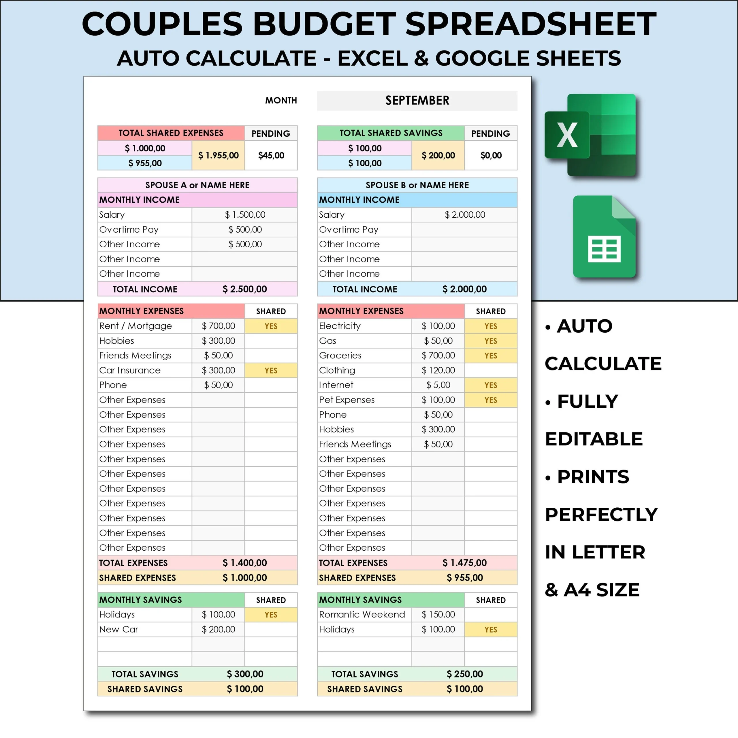 Couples Budget Spreadsheet Template Monthly Shared amp Personal 