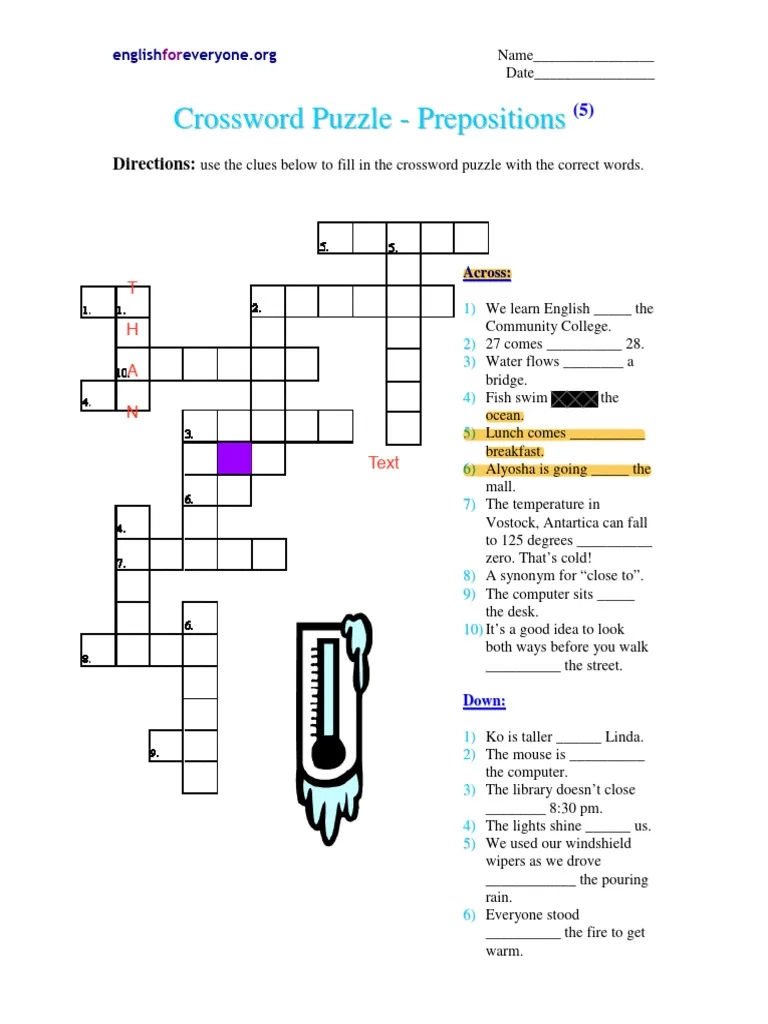 Crossword Puzzle Prepositions PDF Puzzles Word Puzzles