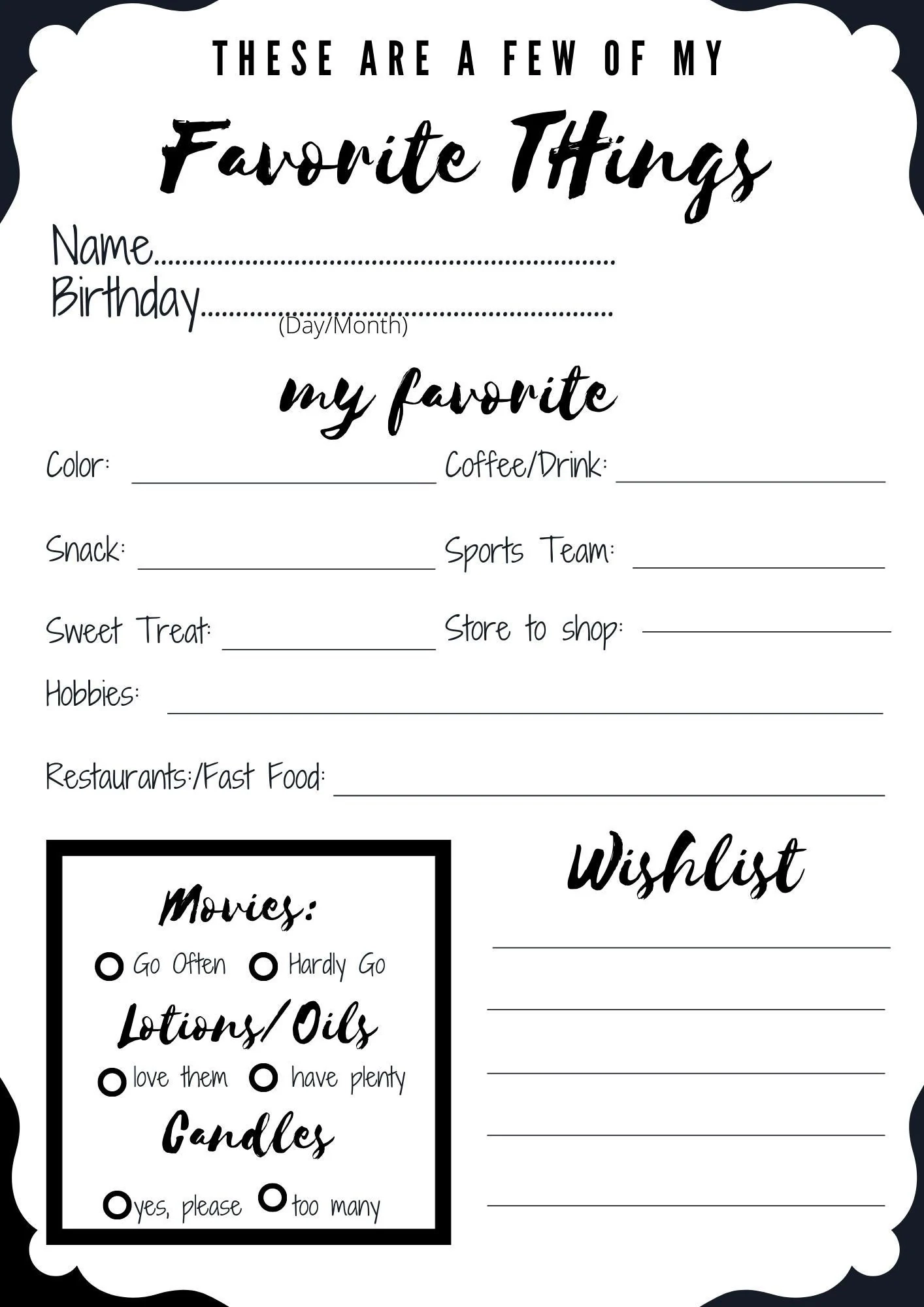 Customizable My Favorite Things Questionnaire 8 x10 Senior 