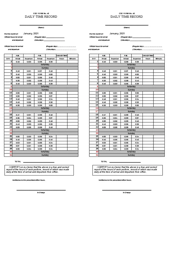 Daily Time Record Template Excel PDF
