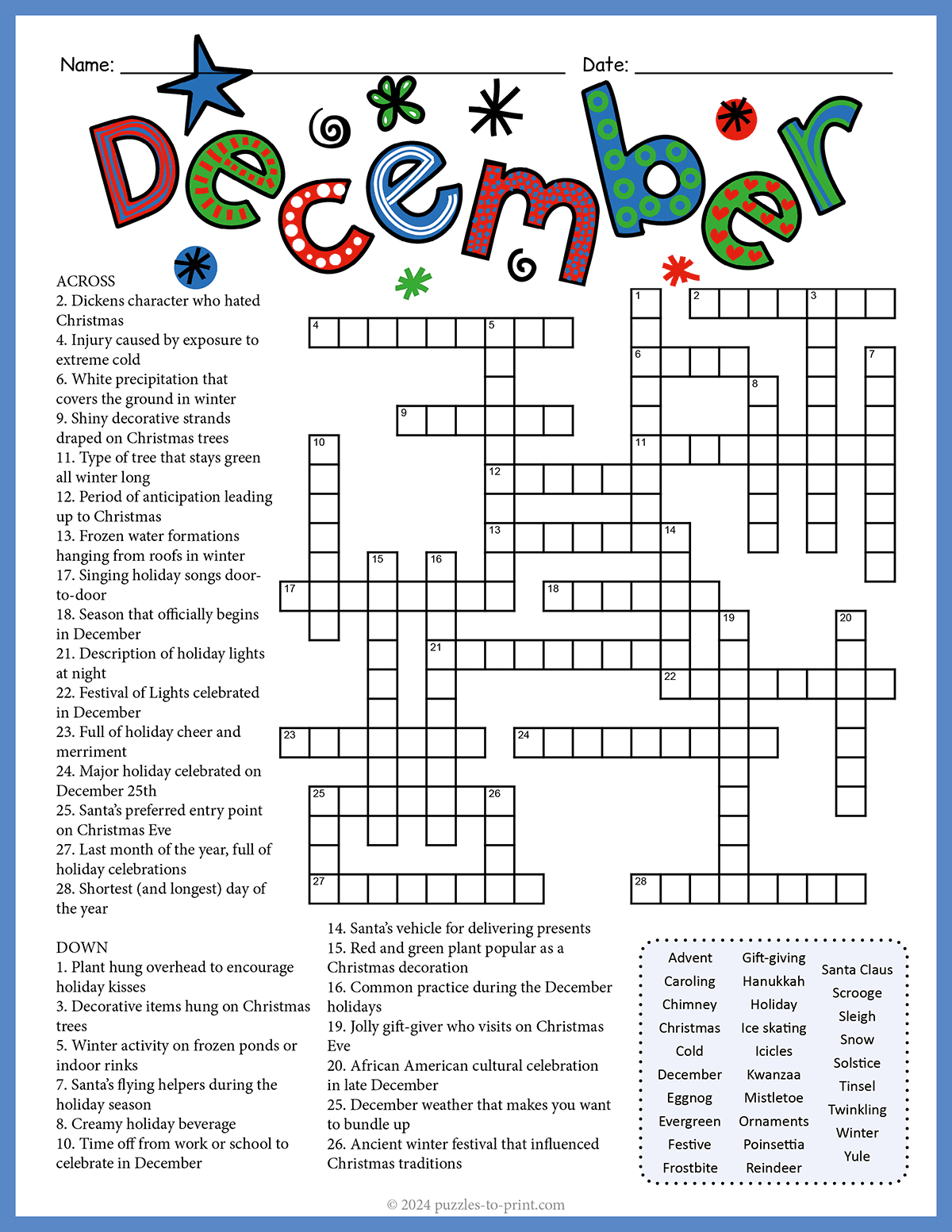 Holiday Crossword Puzzles For Kids