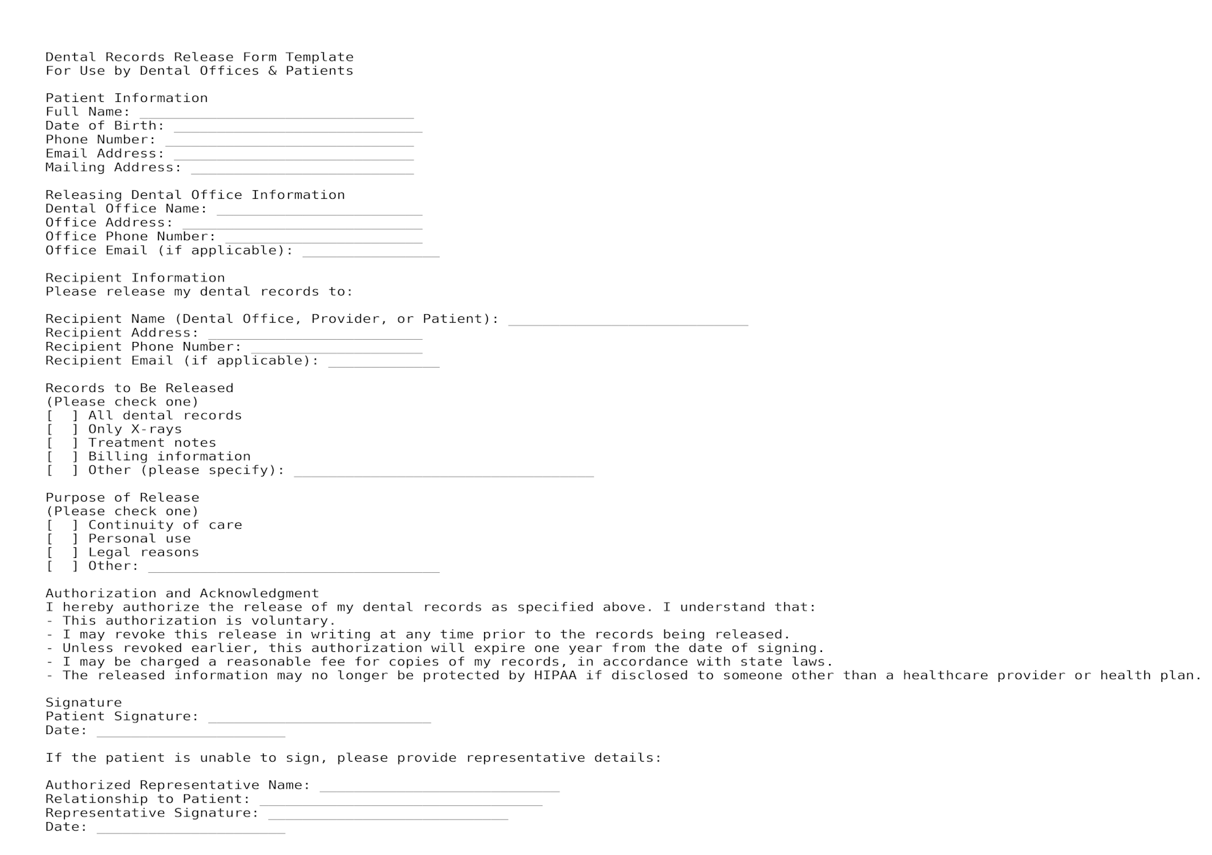 Dental Records Release Form Template For Dental Offices amp Patients 