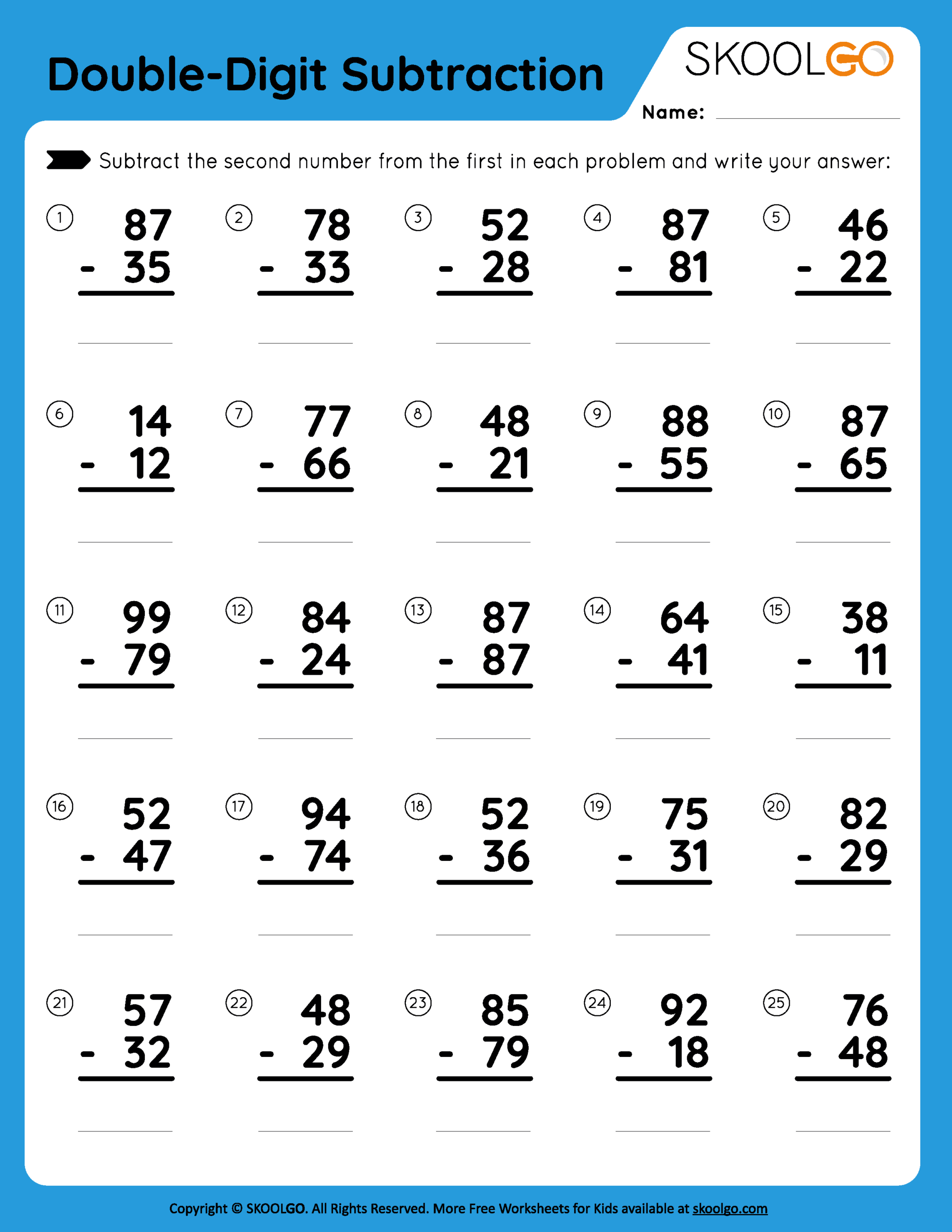Free Printable 2 Digit Subtraction Worksheets