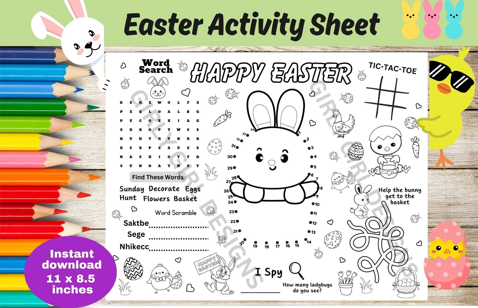 Easter Activity Coloring Sheet For Kids Instant Download Girly 