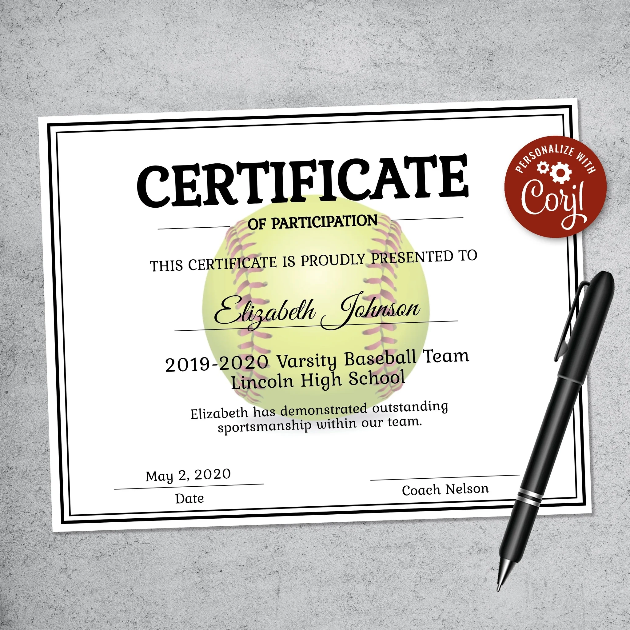 Editable Softball Certificate Template LillyBellePaperie