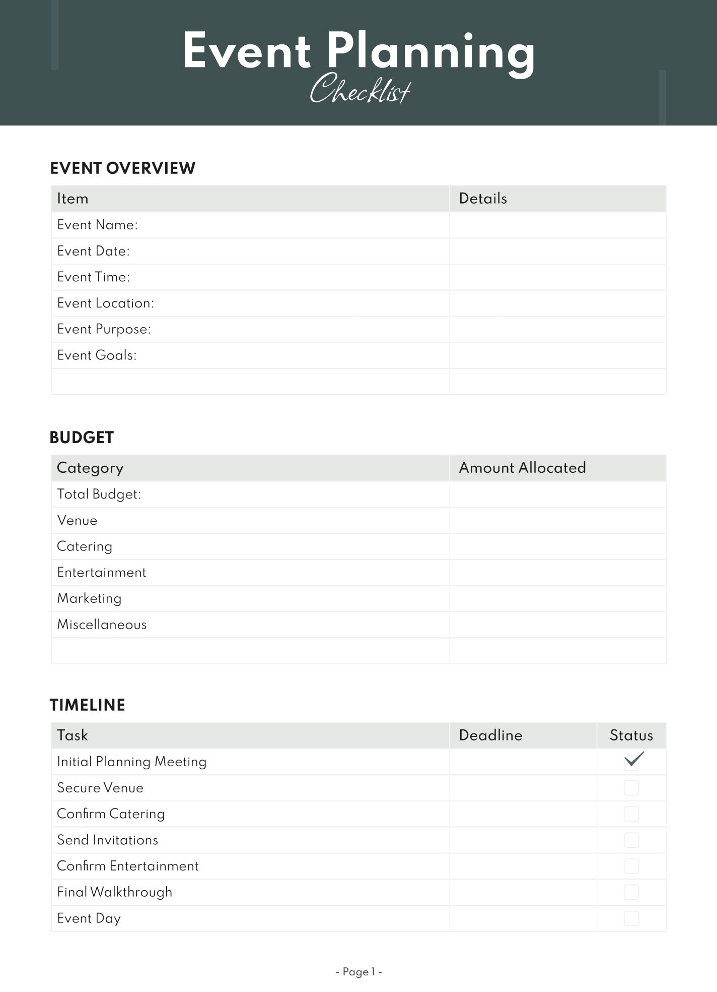 Printable Event Planning Template