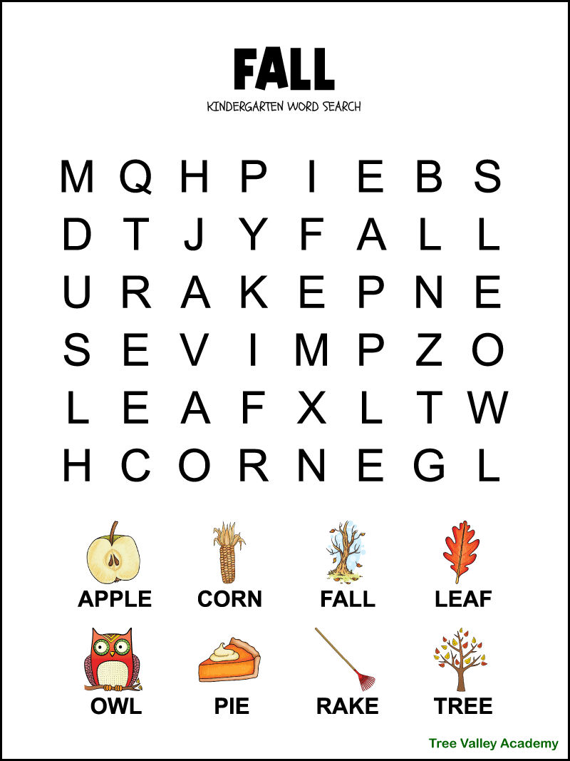 Printable Kindergarten Word Search