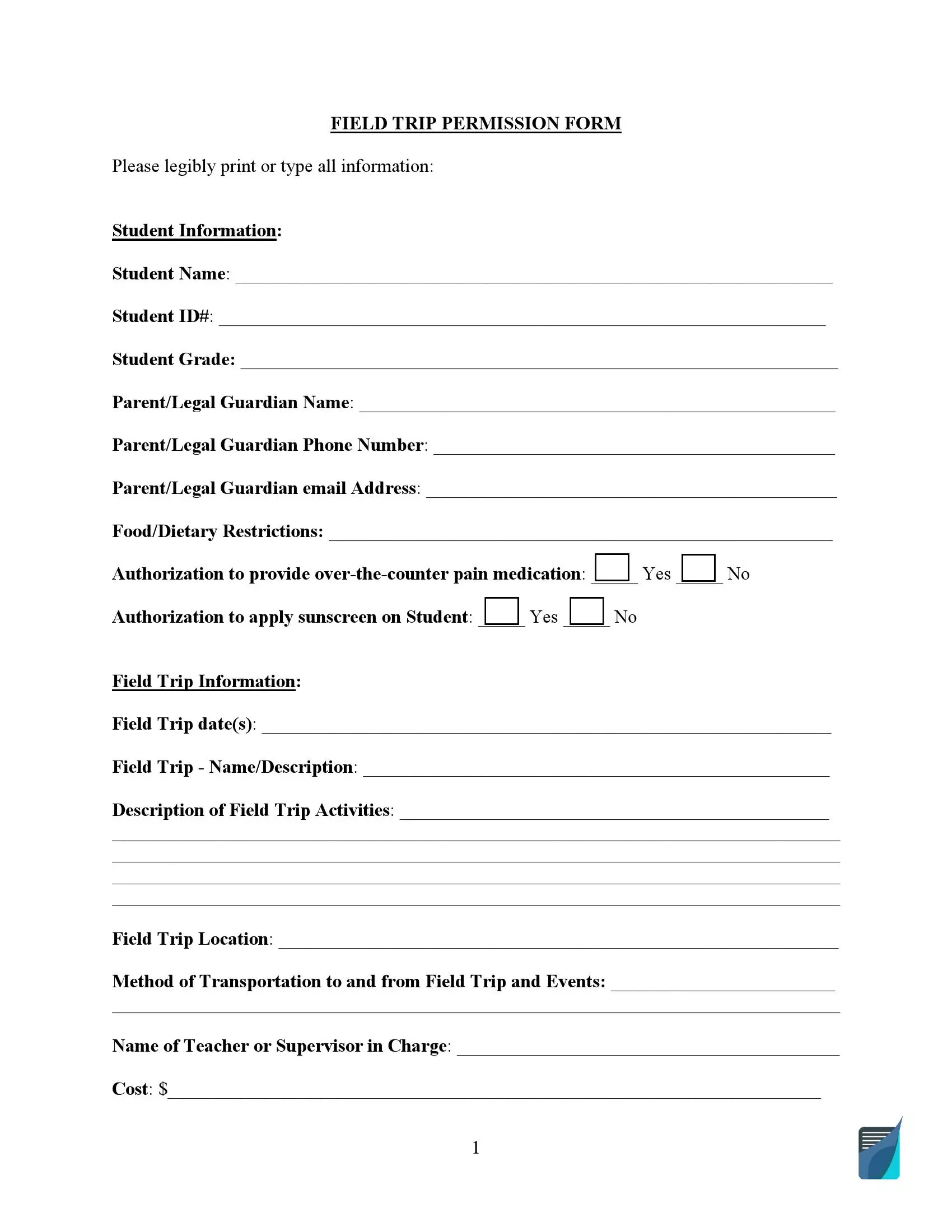 Printable Field Trip Permission Slip Template