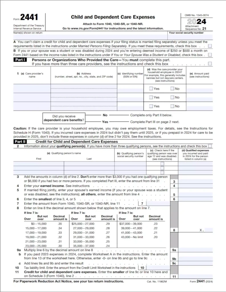 File IRS Form 2441 Child amp Dependent Care Tax Credits