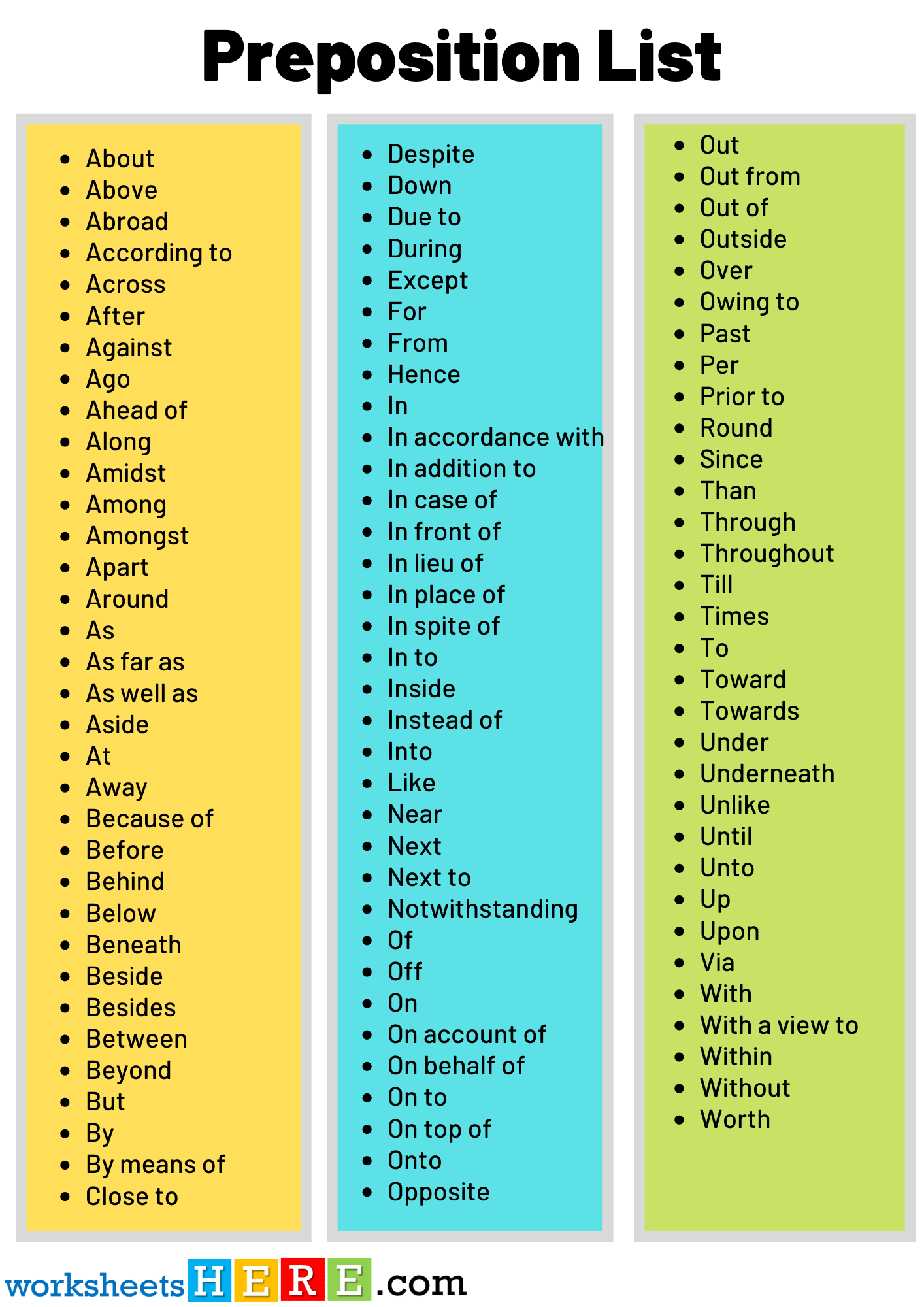 Fixed Prepositions List