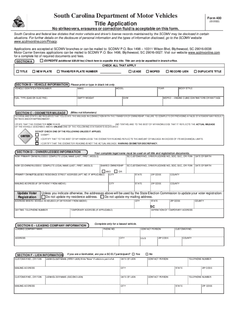 Form 400 Sc Dmv Printable