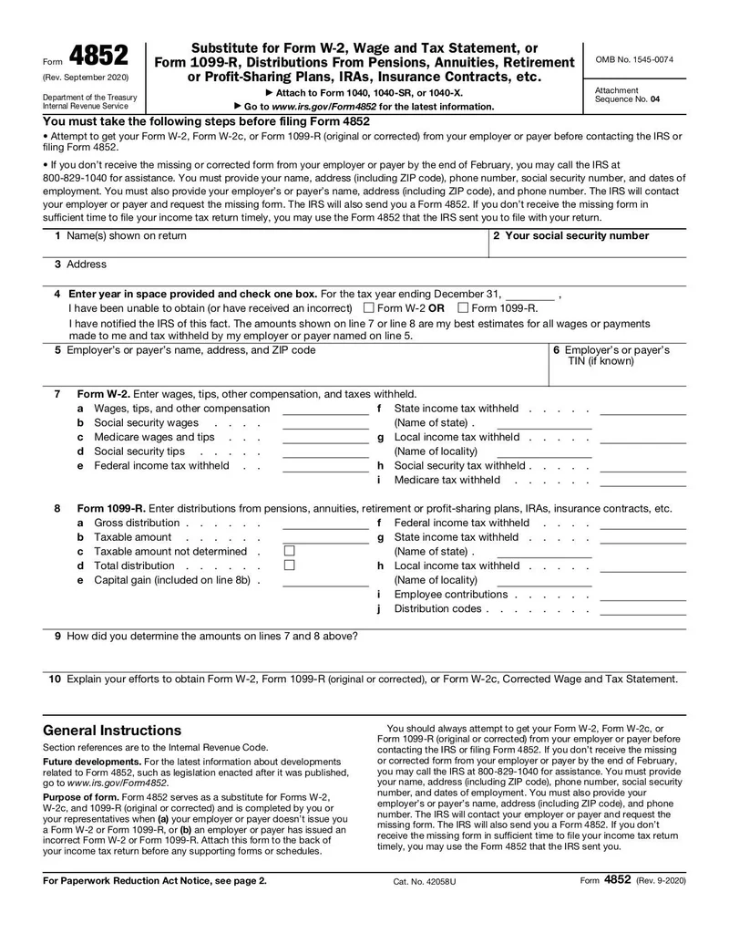 Form 4852 Accessible Fill And Sign Online With Lumin