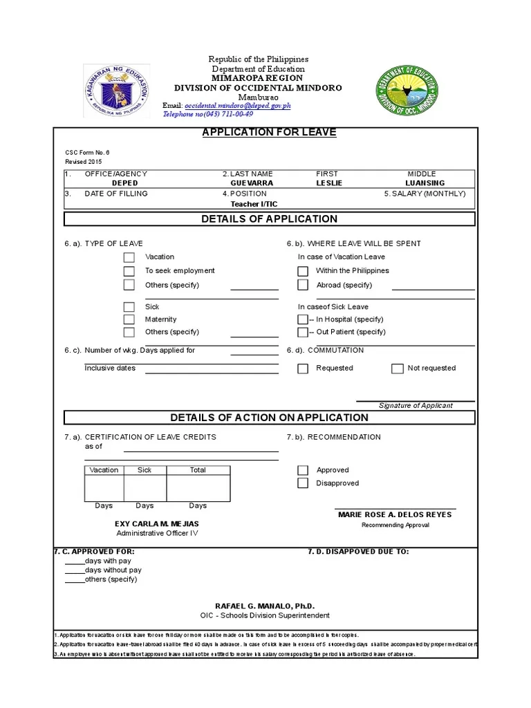 Form 6 Application For Leave PDF Leave Of Absence Sick Leave