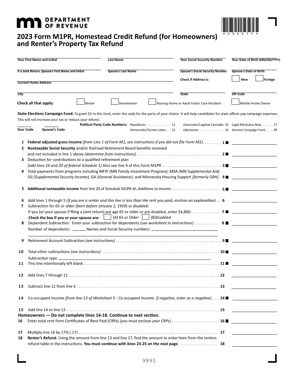 Form M1PR Download Fillable PDF Or Fill Online Homestead Credit 