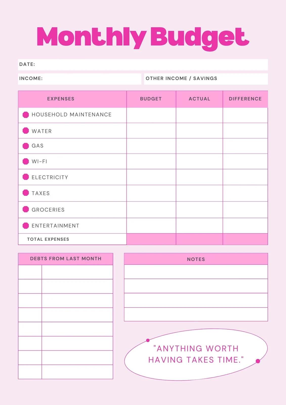 Free Printable Monthly Expense Sheet