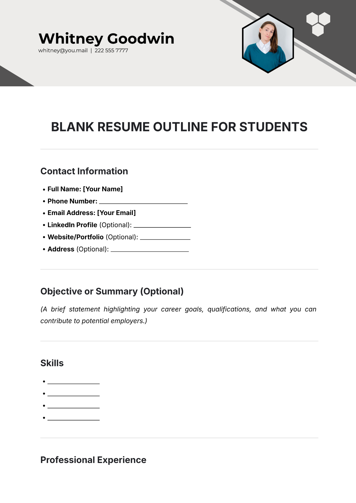 Free Blank Resume Outline For Students Template To Edit Online